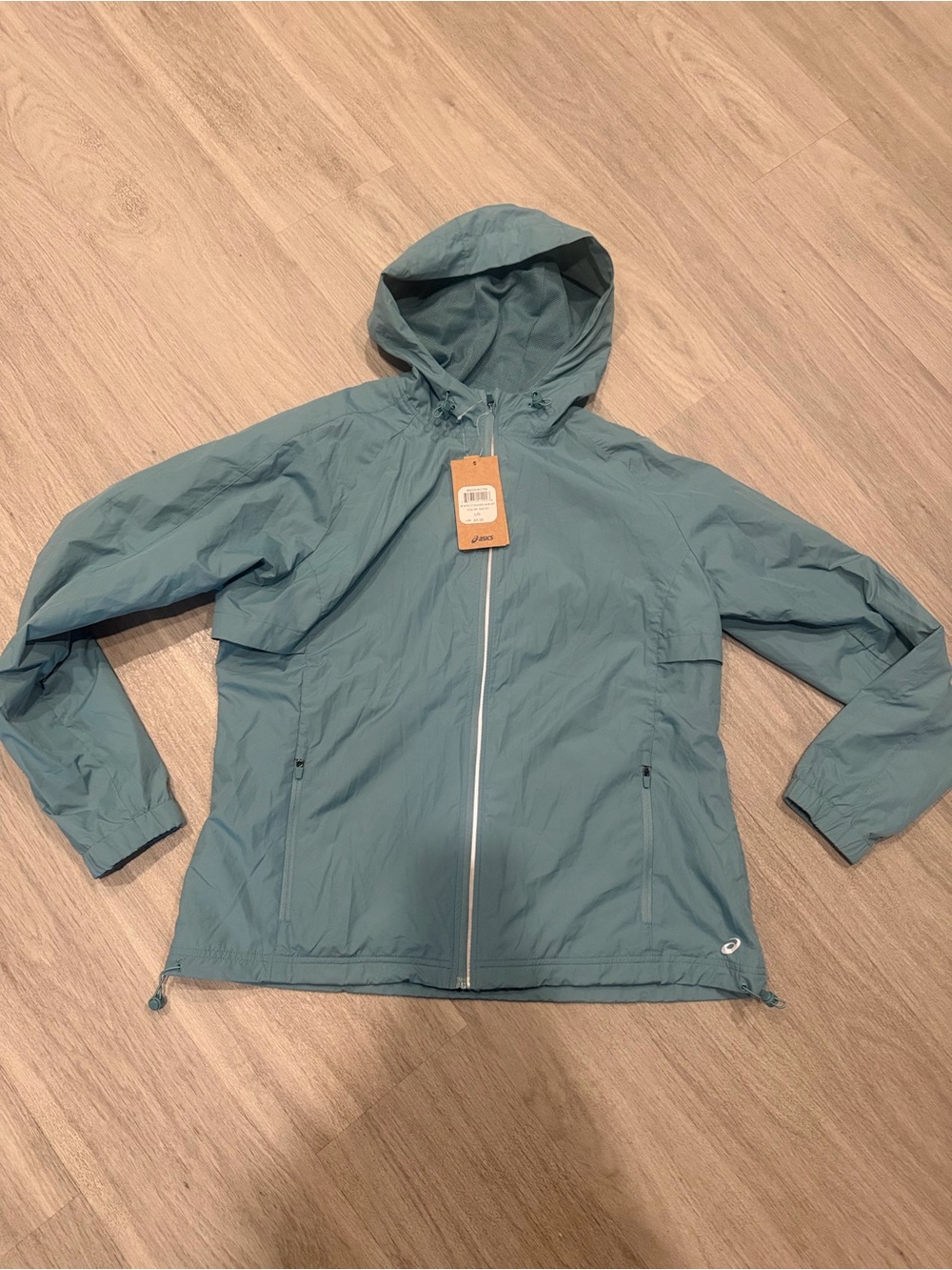 New Asics Light Teal Hooded Run Jacket L